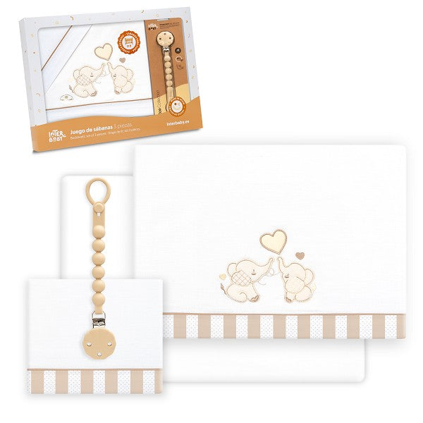 Tríptico Cuna 100% Algodón Parejita Elefante + Chupetero de Interbaby