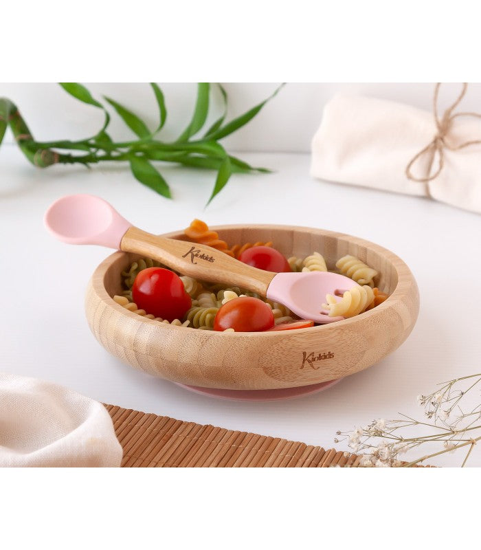 Set Vajilla Silicona y Bambú con Cuchara y Tenedor de Kiokids