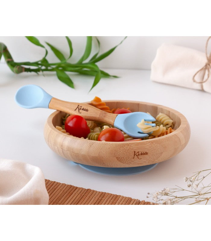 Set Vajilla Silicona y Bambú con Cuchara y Tenedor de Kiokids