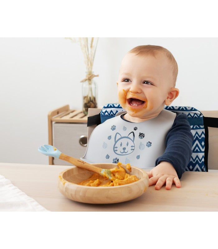 Set Vajilla Silicona y Bambú con Cuchara y Tenedor de Kiokids