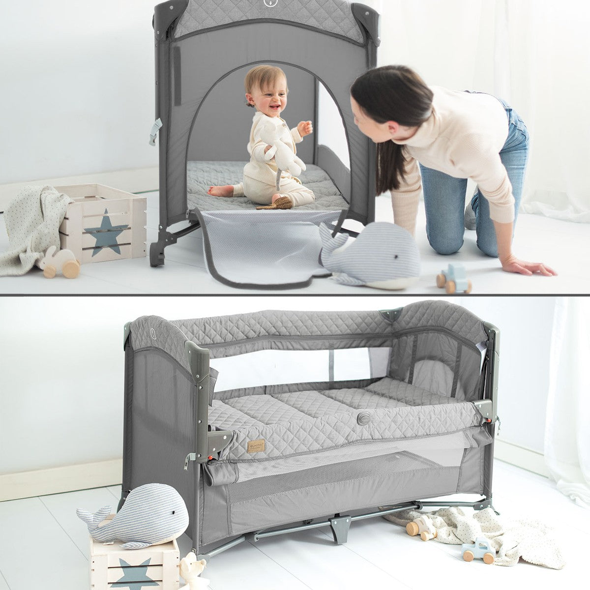 Olmitos - Berço de viagem co-sleeping 3 em 1, cercadinho e berço clássico - Dobrável em 2 alturas, entrada lateral e rodas com freio da Olmitos