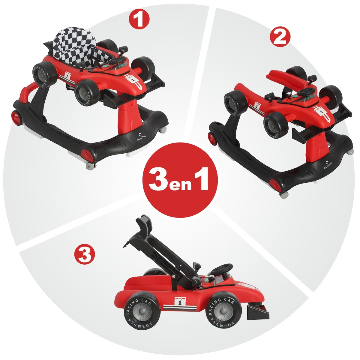 Olmitos - Andador bebé 3 en 1 RACING: Correpasillos y Carrito de Empuje para bebés – a partir de 6 meses para aprendizaje