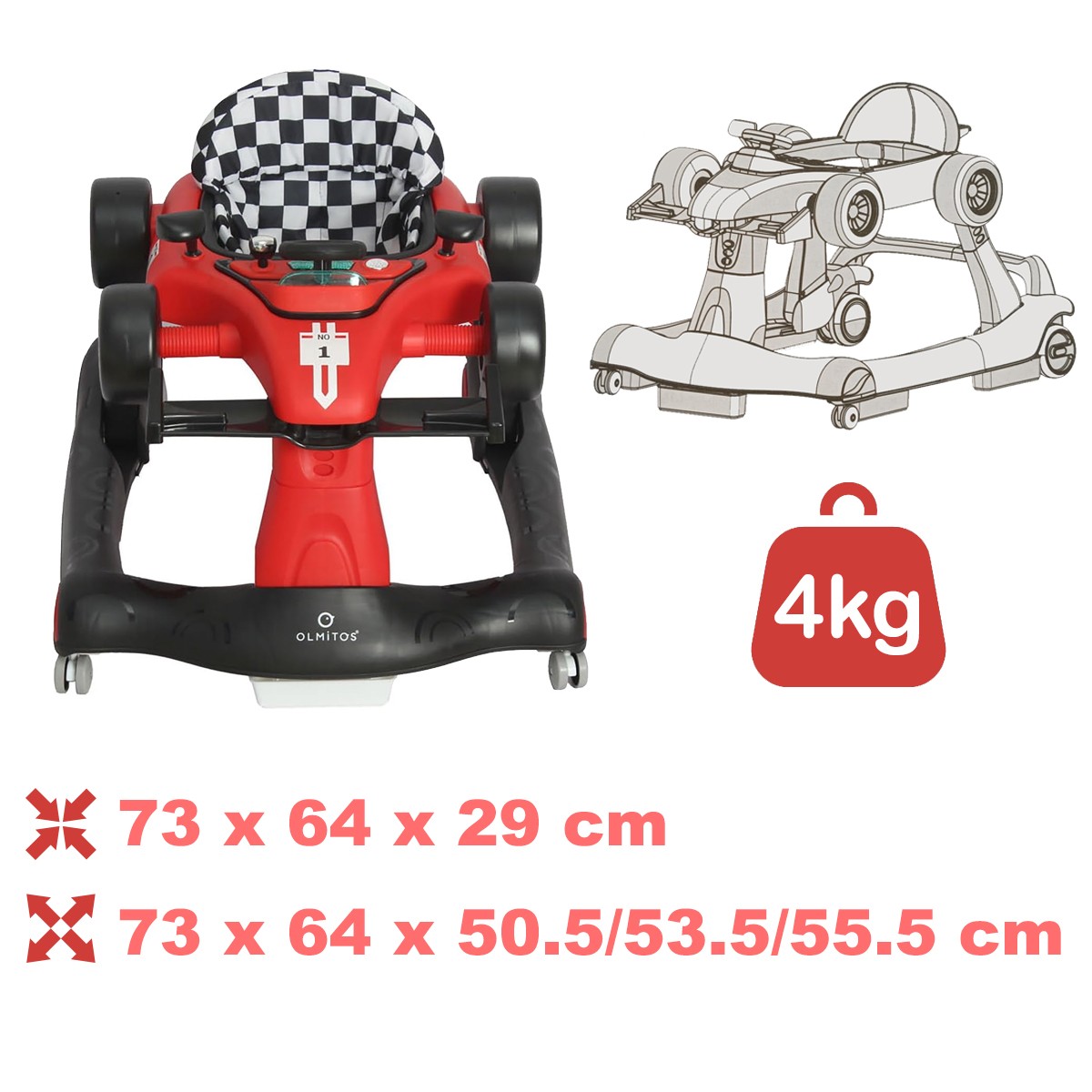 Olmitos - Andador bebé 3 en 1 RACING: Correpasillos y Carrito de Empuje para bebés – a partir de 6 meses para aprendizaje