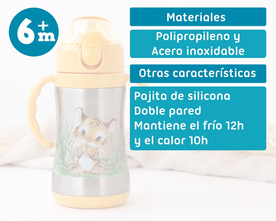 Botella tigre de acero inoxidable con asas 280ml de Kiokids