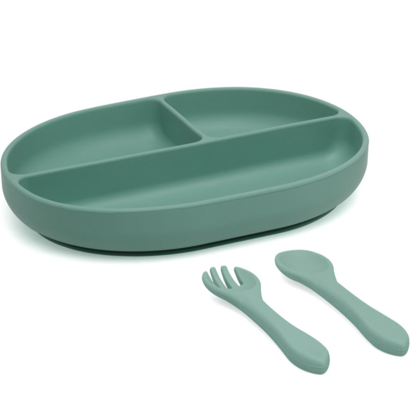 Set de cubiertos y bandeja blw en silicona con divisiones y ventosa Kiokids