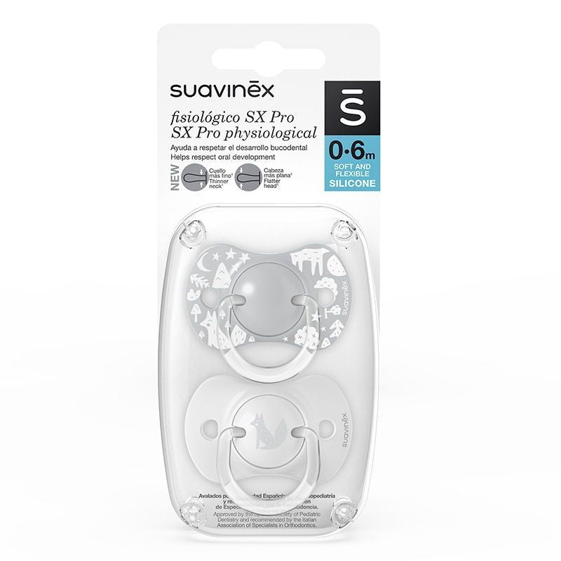 Pack 2 Chupetes Fisiológicos SX Pro 0-6M Zorro Gris de Suavinex