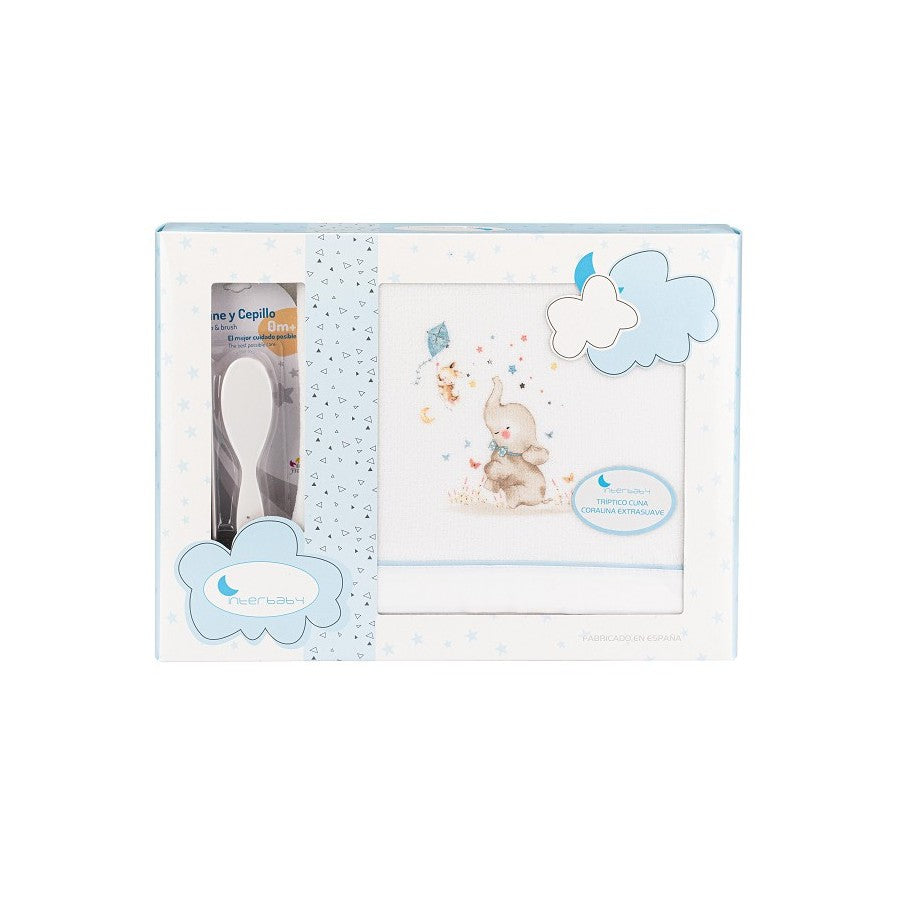 Triptico Cuna Coralina Elefantito+Set Peine/Cepillo de Interbaby