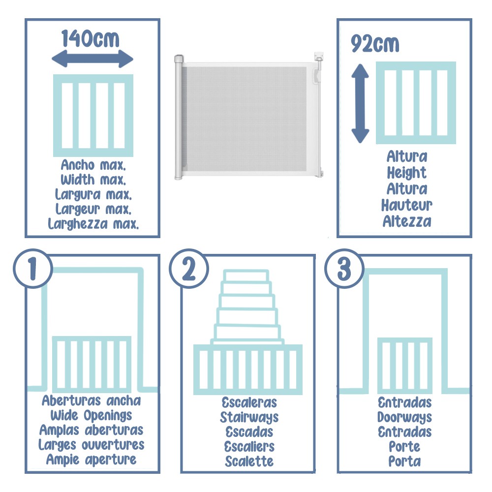 Barreira de segurança retrátil para portas e escadas - Interior/Exterior até 140cm
