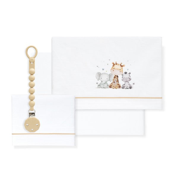 Tríptico Cuna 100% Algodón Jirafa Elefante + Chupetero de Interbaby