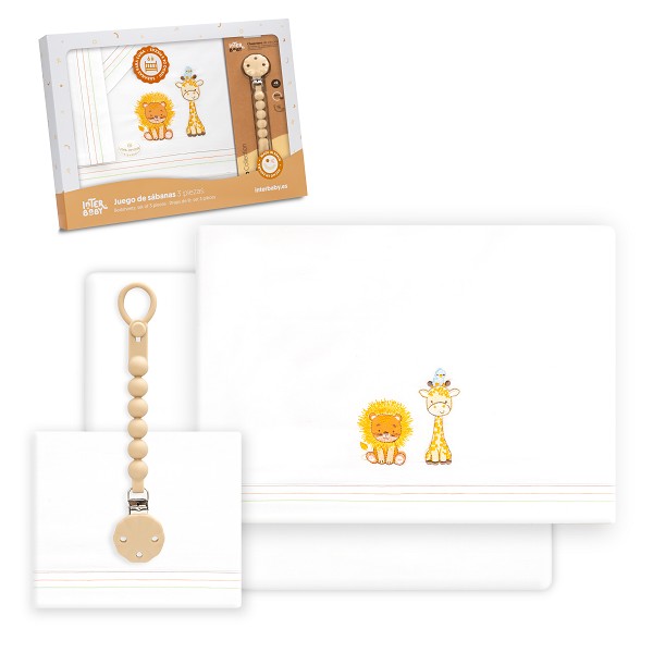 Tríptico Cuna 100% Algodón Leon Jirafa Pajarito + Chupetero de Interbaby