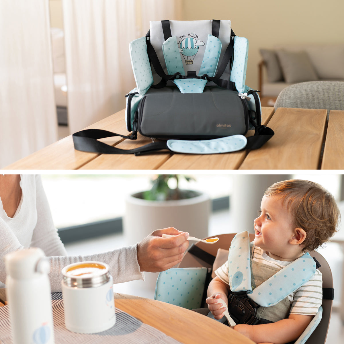 Cadeira alta portátil para bebês Olmitos 3 em 1: assento, mochila e tipoia 