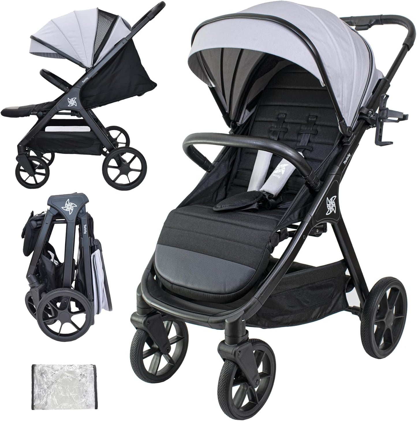 Carrinho de bebê Twinly Spacely com capuz dobrável XXL, 22 kg 