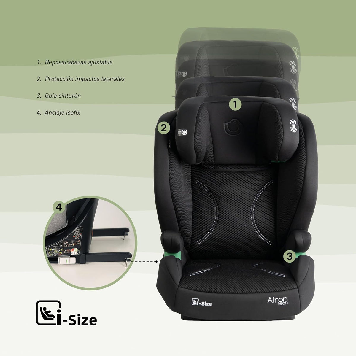 Silla de Coche i-Size 100-150 cm con ISOFIX (100 -150cm) AIRON TECH de Olmitos