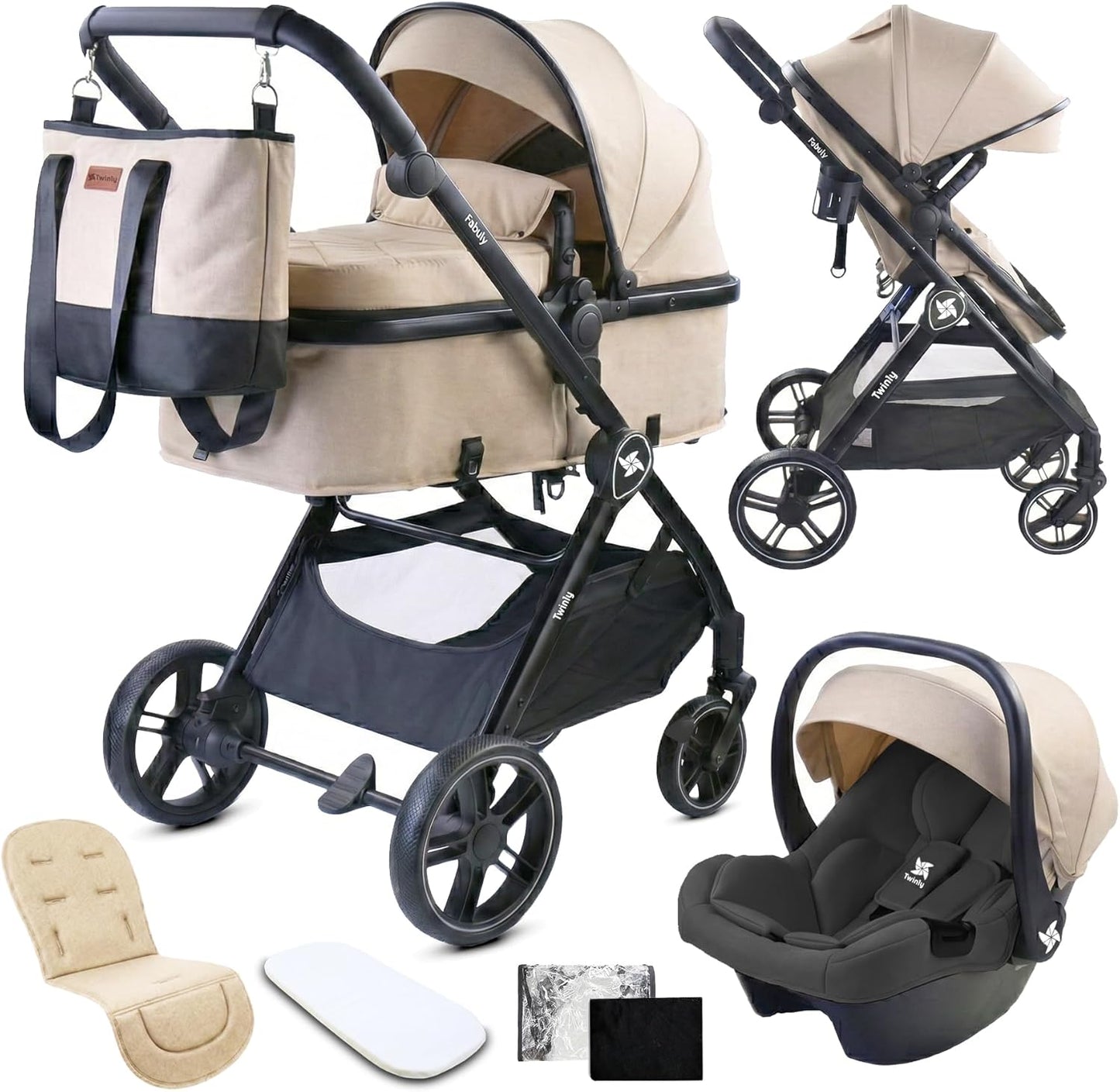 Cochecito Convertible Bebé 3 en 1 Fabuly con silla de coche i-size, Incluye Bolso, Mosquitera, Plastico lluvia de Twinly