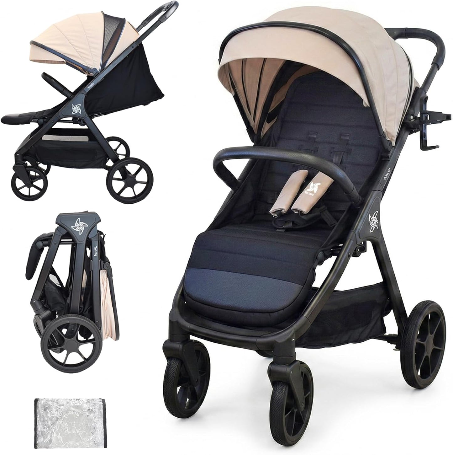 Carrinho de bebê Twinly Spacely com capuz dobrável XXL, 22 kg 