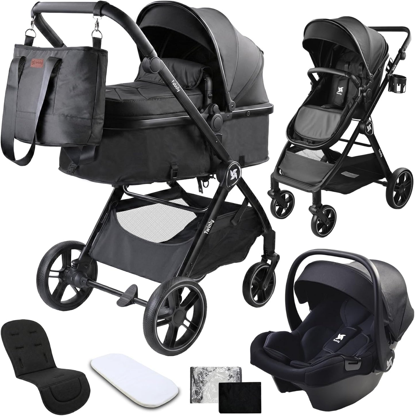 Cochecito Convertible Bebé 3 en 1 Fabuly con silla de coche i-size, Incluye Bolso, Mosquitera, Plastico lluvia de Twinly