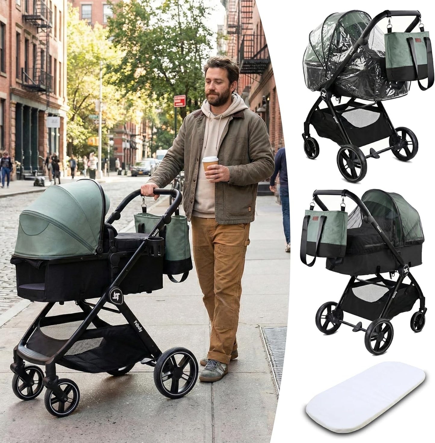 Cochecito Convertible Bebé 3 en 1 Fabuly con silla de coche i-size, Incluye Bolso, Mosquitera, Plastico lluvia de Twinly