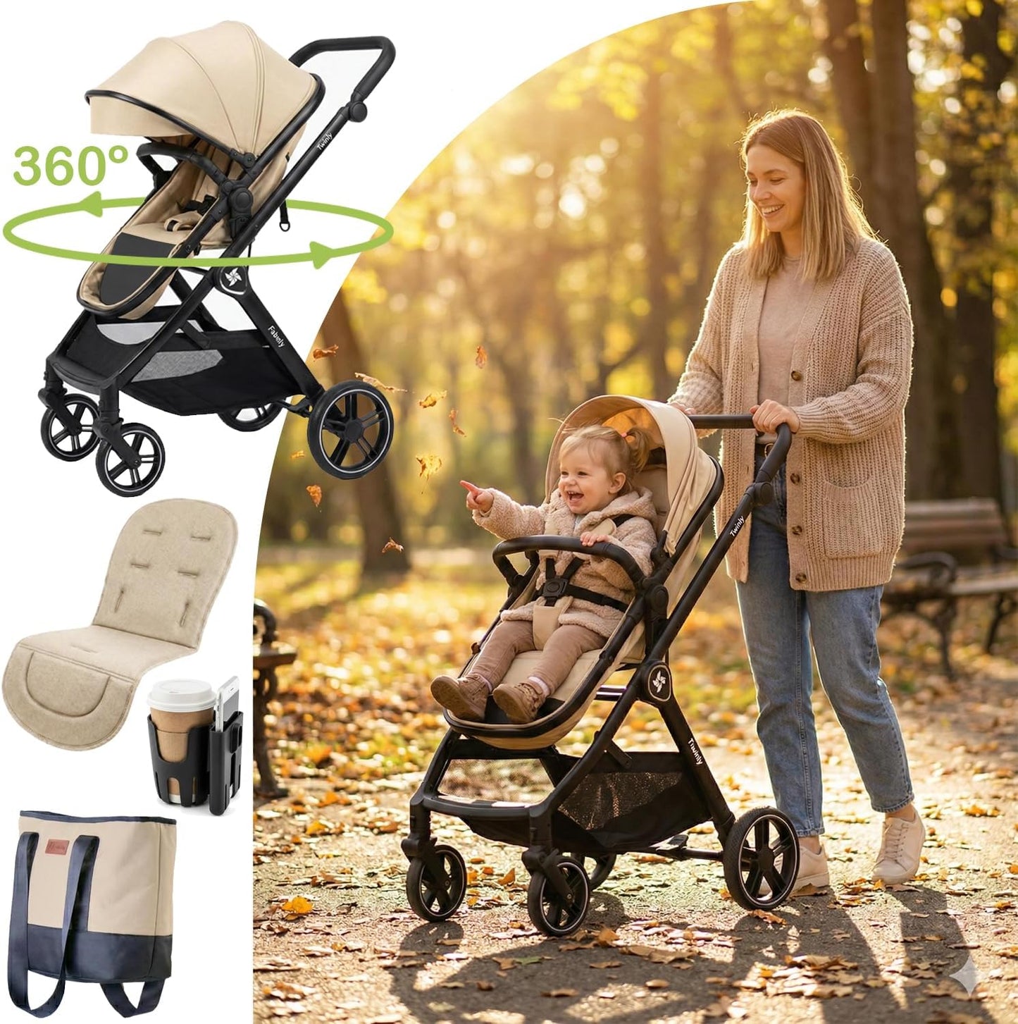 Cochecito Convertible Bebé 3 en 1 Fabuly con silla de coche i-size, Incluye Bolso, Mosquitera, Plastico lluvia de Twinly