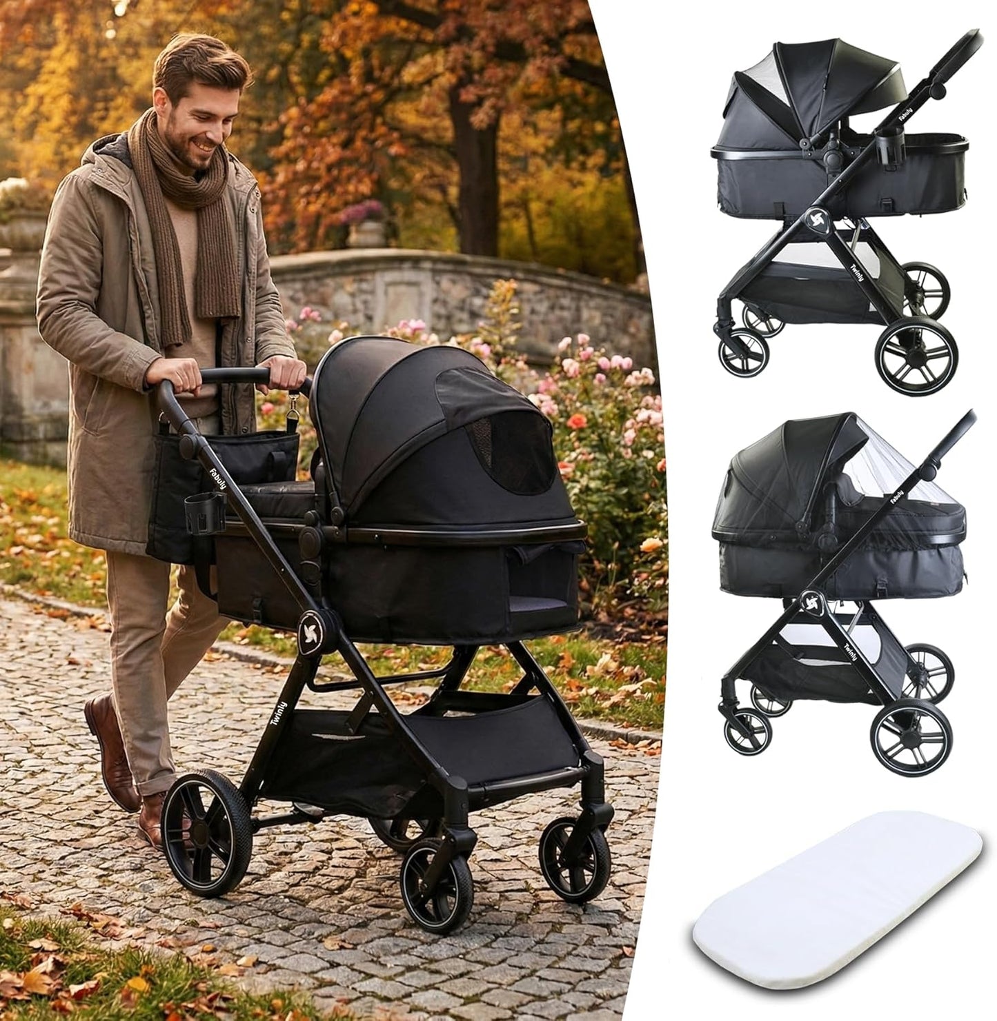 Cochecito Convertible Bebé 3 en 1 Fabuly con silla de coche i-size, Incluye Bolso, Mosquitera, Plastico lluvia de Twinly