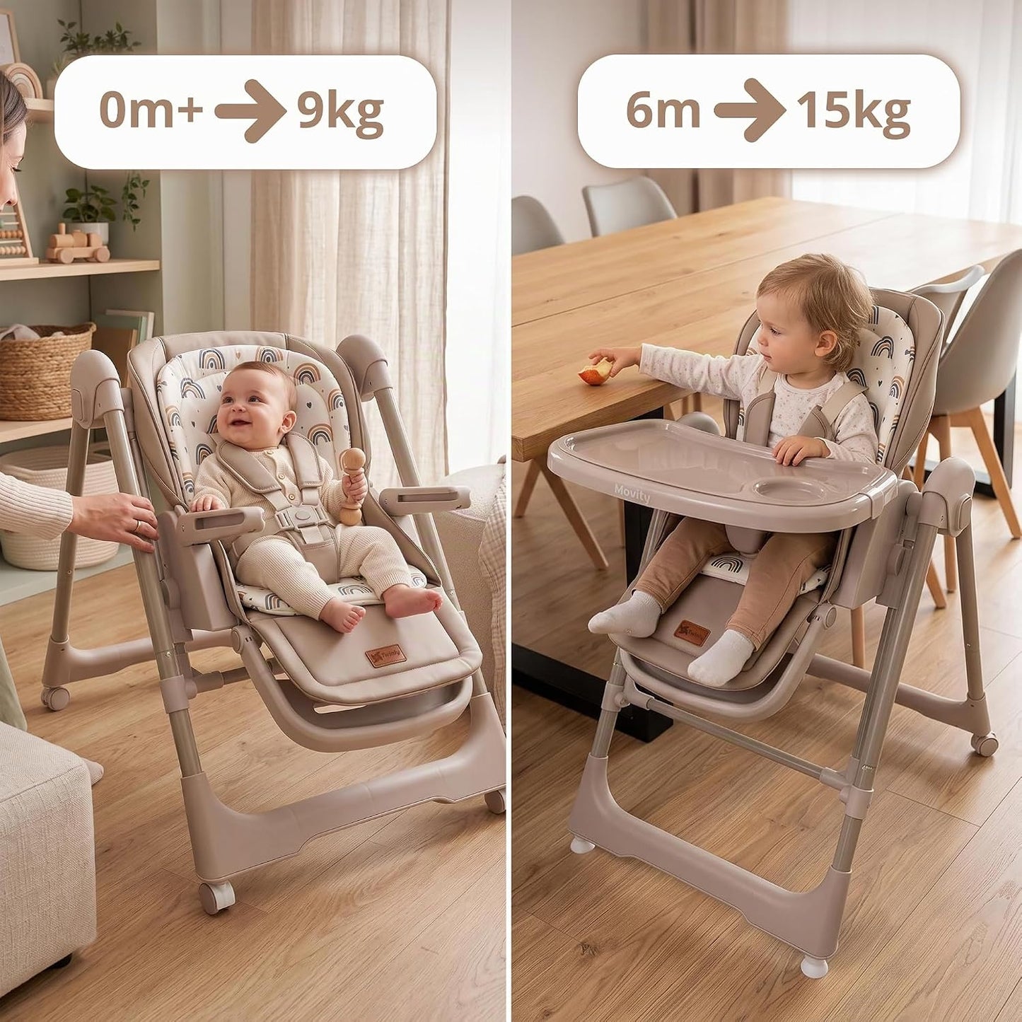 Twinly New Movity Trona Bebé Evolutiva 2 en 1, Hamaca y Columpio, Gris