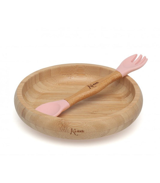 Set Vajilla Silicona y Bambú con Cuchara y Tenedor de Kiokids