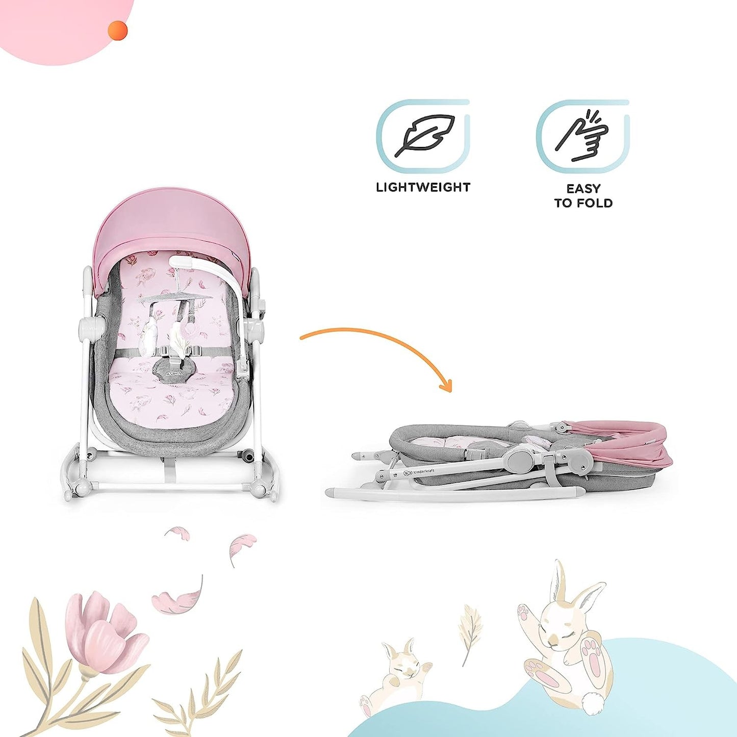 Columpio Bebé NOLA, 5 en 1, Balancín, Silla, Cuna, Rosa de Kinderkraft