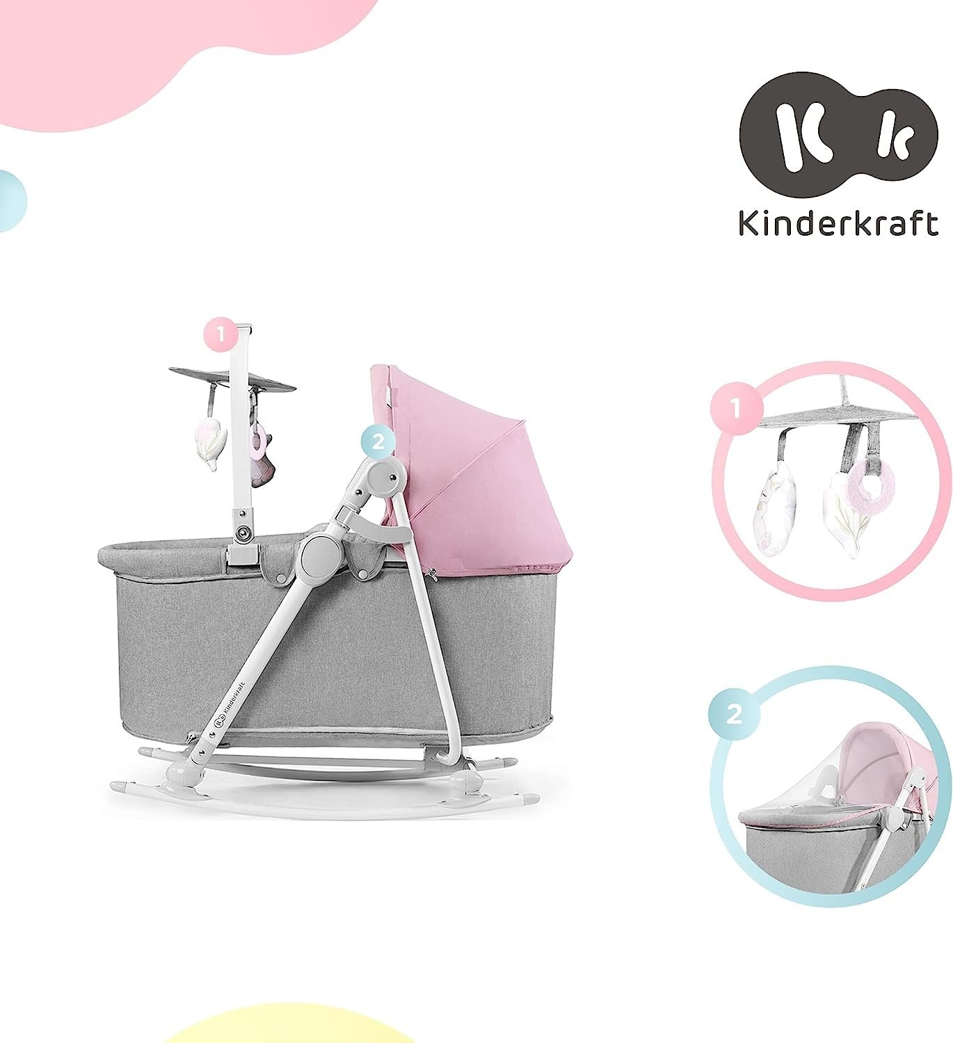 Columpio Bebé NOLA, 5 en 1, Balancín, Silla, Cuna, Rosa de Kinderkraft