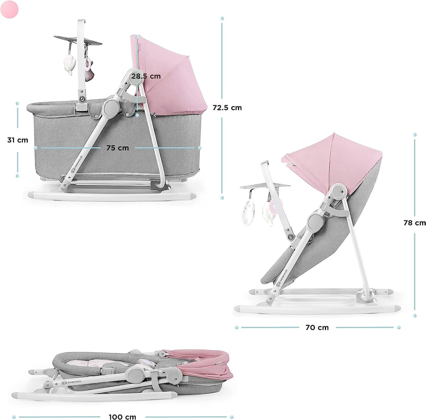 Columpio Bebé NOLA, 5 en 1, Balancín, Silla, Cuna, Rosa de Kinderkraft