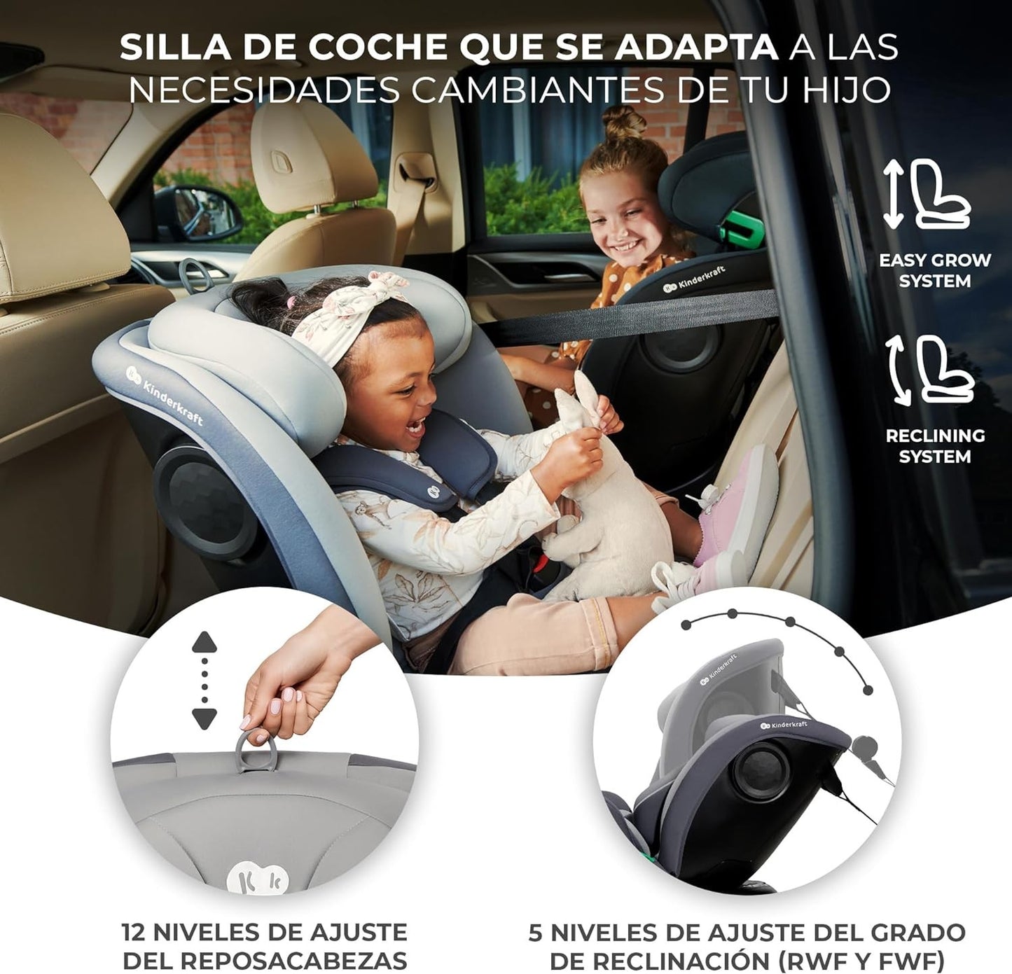 Kinderkraft I-GROW Silla de auto bebé/niño, I-SIZE 40-150, Isofix, Ajustable Grupo 0+/1/2/3, 0-36 kg