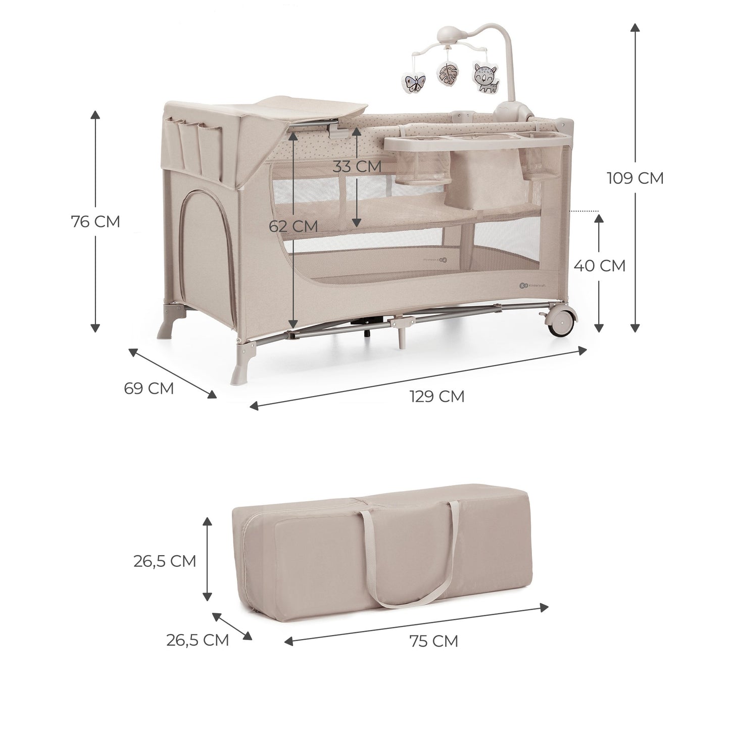 Kinderkraft - Cuna de viaje 3en1 multifunción JOY 2 con Accesorios - Plegado fácil y rápido
