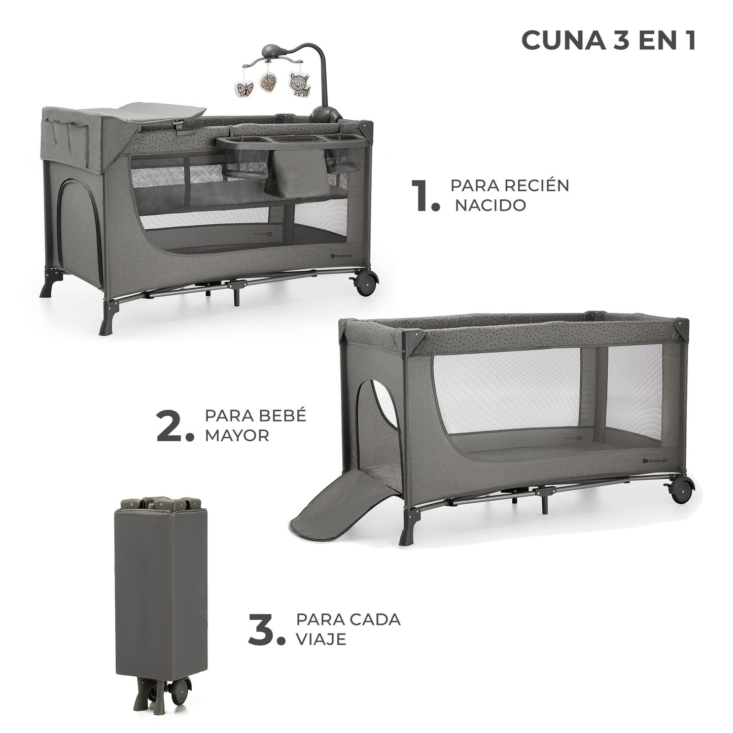 Kinderkraft - Cuna de viaje 3en1 multifunción JOY 2 con Accesorios - Plegado fácil y rápido