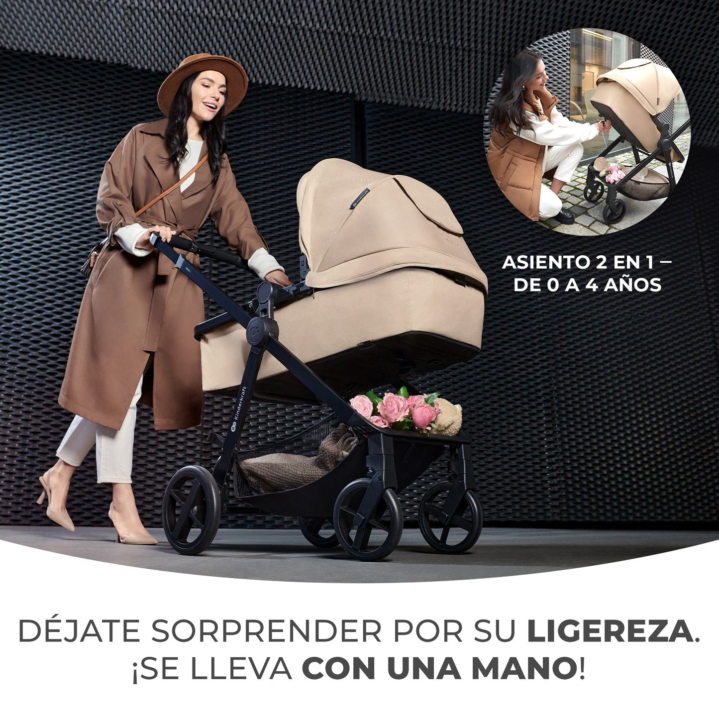 Kinderkraft - Carrito bebe NEWLY 4 en 1 con Mink Pro I-Size y Base Isofix, Ligera 3 Piezas hasta 22 kg