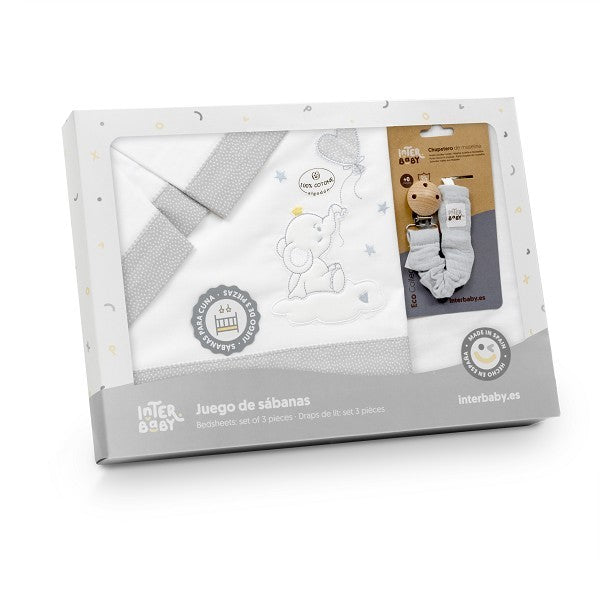 Conjunto de lençóis para berço com balão e elefante Interbaby + porta-chupeta