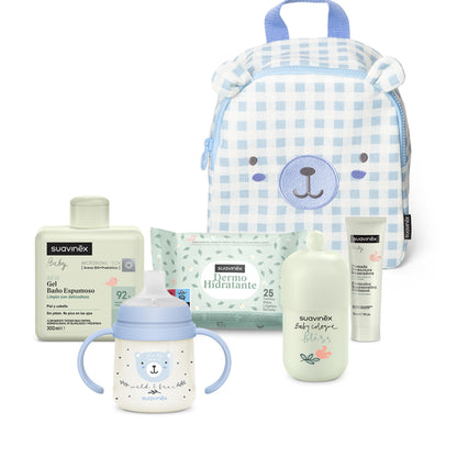 Mochila Infantil Osito con Cosmética y Biberón, Azul