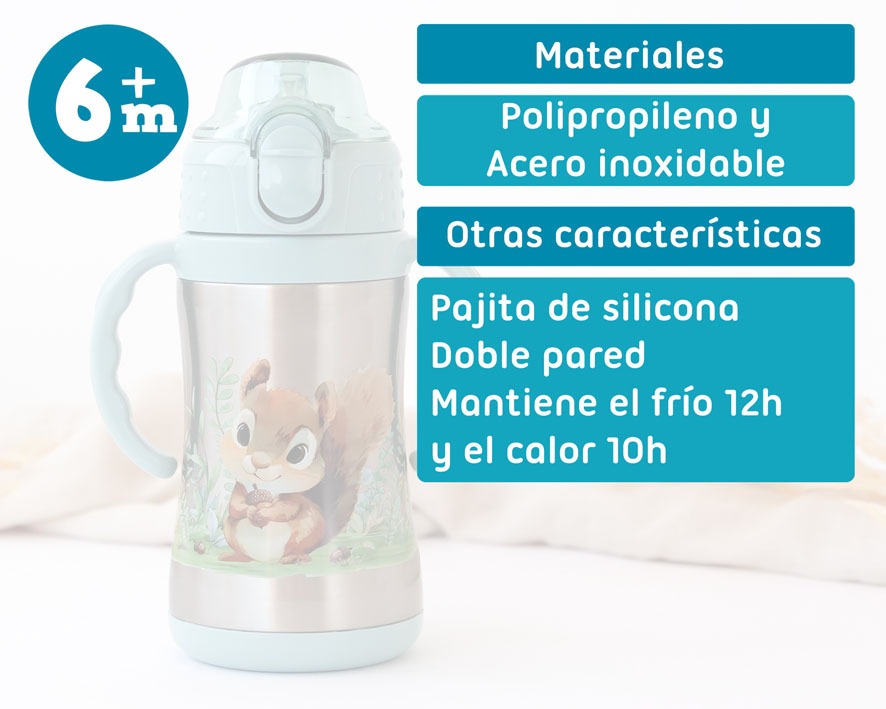 Botella ardilla de acero inoxidable con asas 280ml de Kiokids