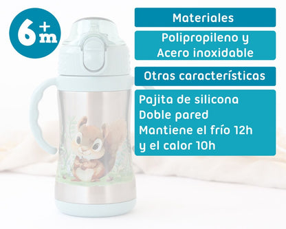 Botella ardilla de acero inoxidable con asas 280ml de Kiokids