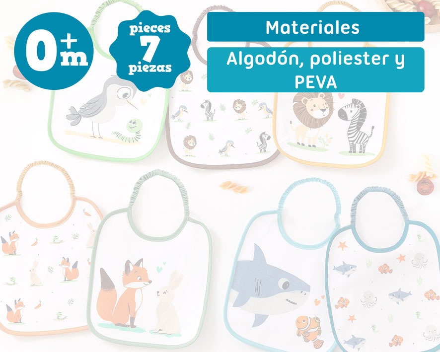 Set de Baberos Impermeables 7 unidades con "Motivos de Animales" de Kiokids