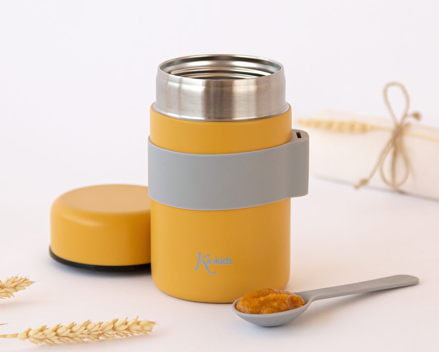 Garrafa térmica de aço inoxidável para comida de bebê Kiokids com colher