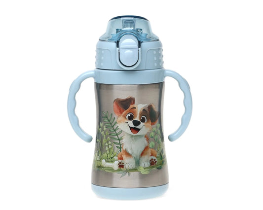 Botella de acero inoxidable con pajita de asas azul y perrito Kiokids