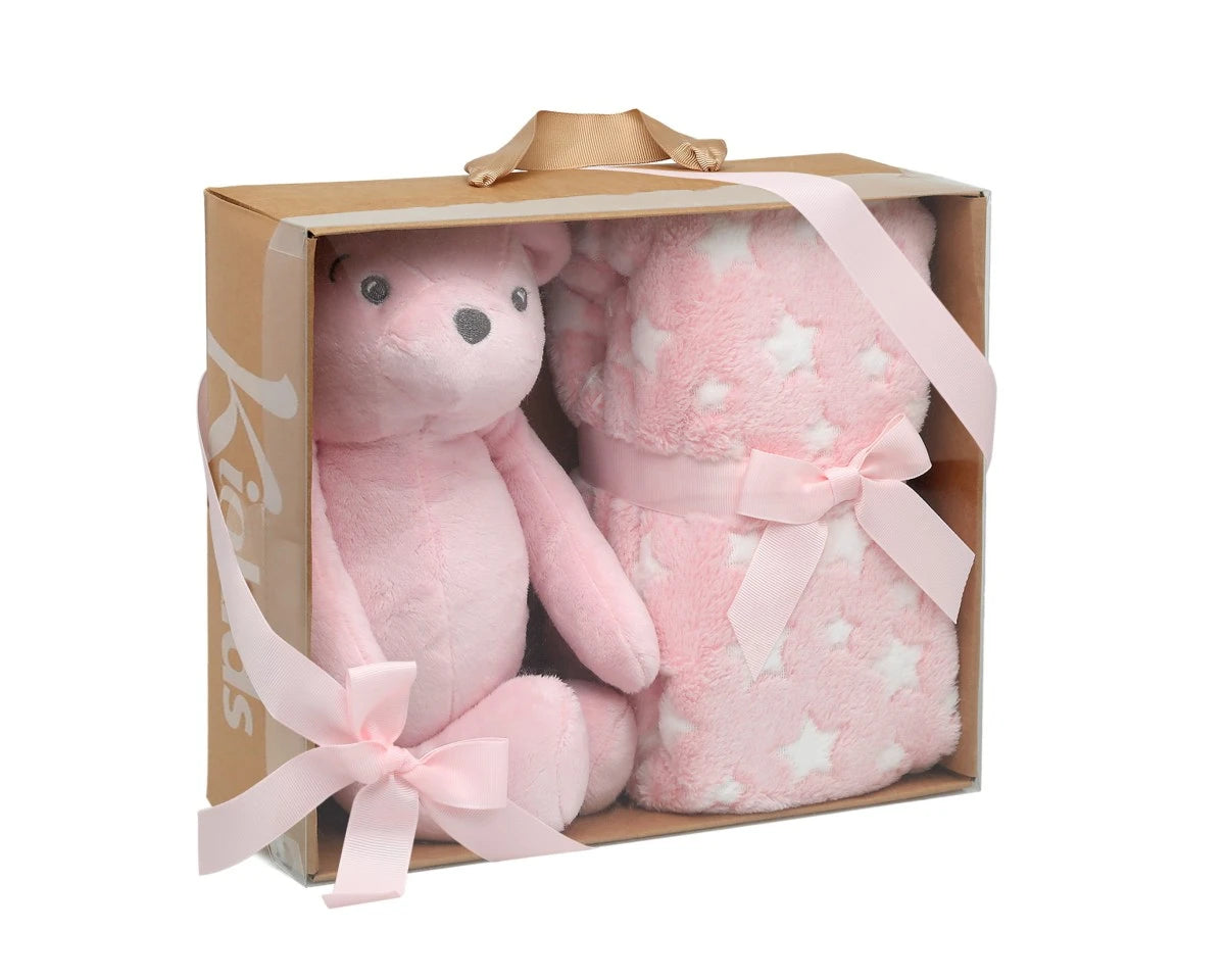 Oso de peluche rosa con mantita de estrellas de Kiokids