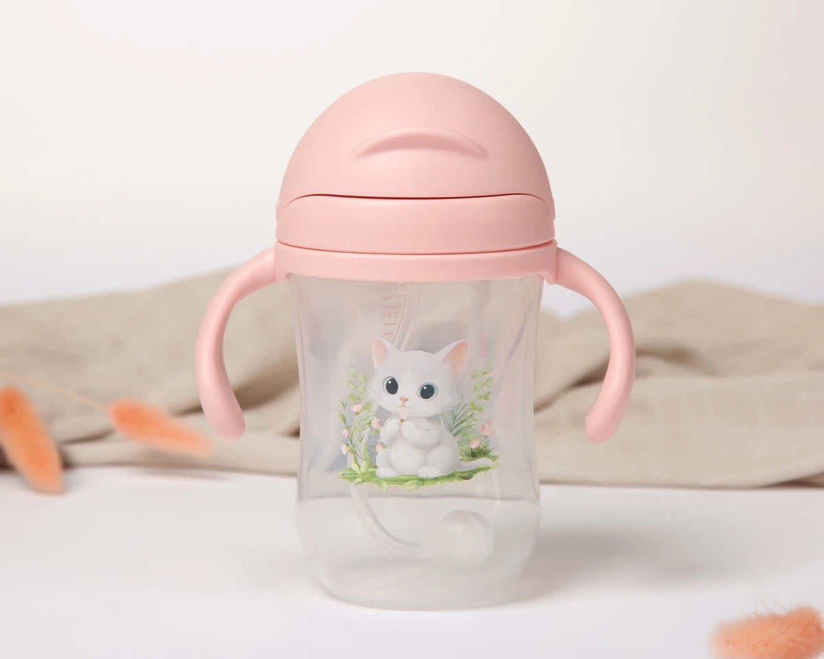 Vaso de aprendizaje rosa con pajita y contrapeso rosa 300ml de Kiokids