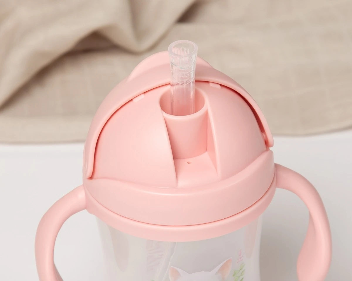 Vaso de aprendizaje rosa con pajita y contrapeso rosa 300ml de Kiokids