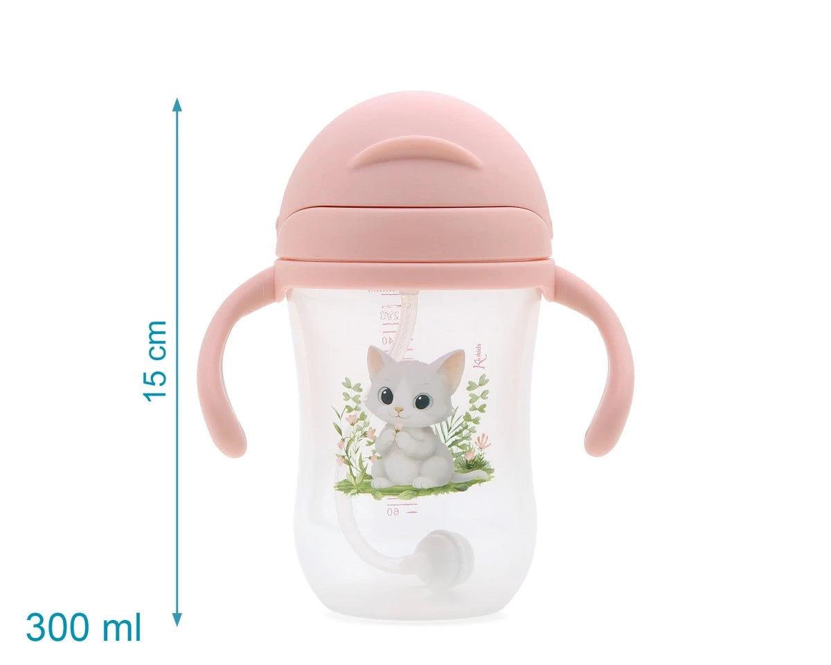Vaso de aprendizaje rosa con pajita y contrapeso rosa 300ml de Kiokids