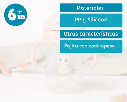 Vaso de aprendizaje rosa con pajita y contrapeso rosa 300ml de Kiokids