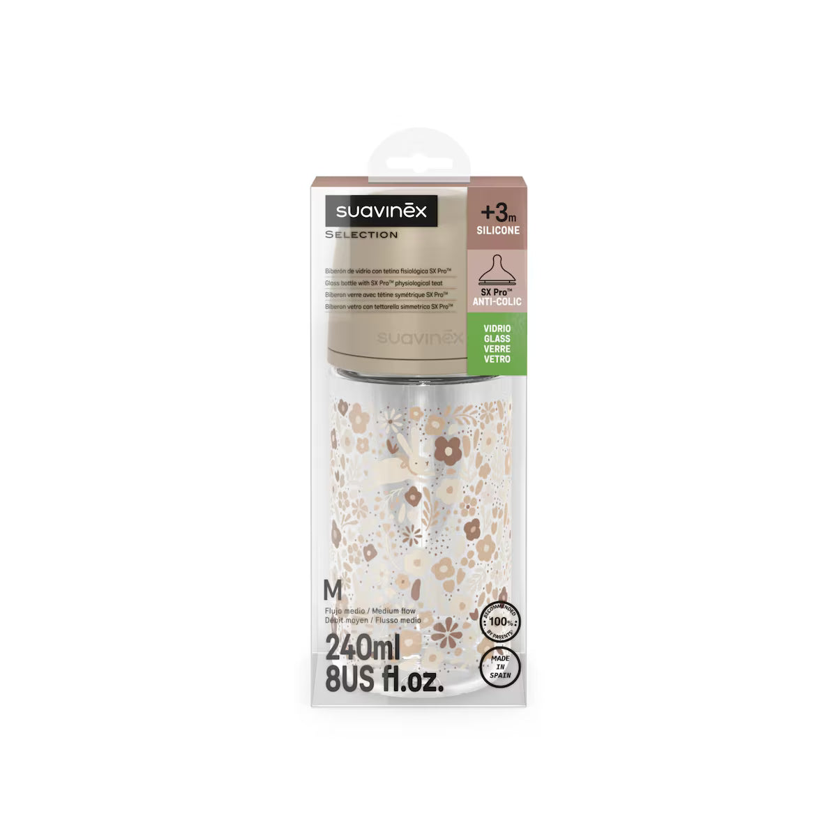 Biberón vidrio con tetina Fisiológica SX Pro Suavinex Wonderland 2.0 Flujo Lento 240ml