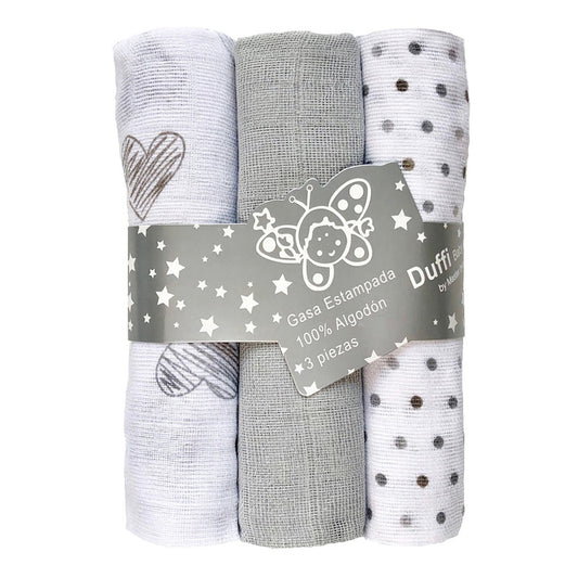 Pack 3 Und Gasas Bambú Corazones/Puntos de Duffi Baby