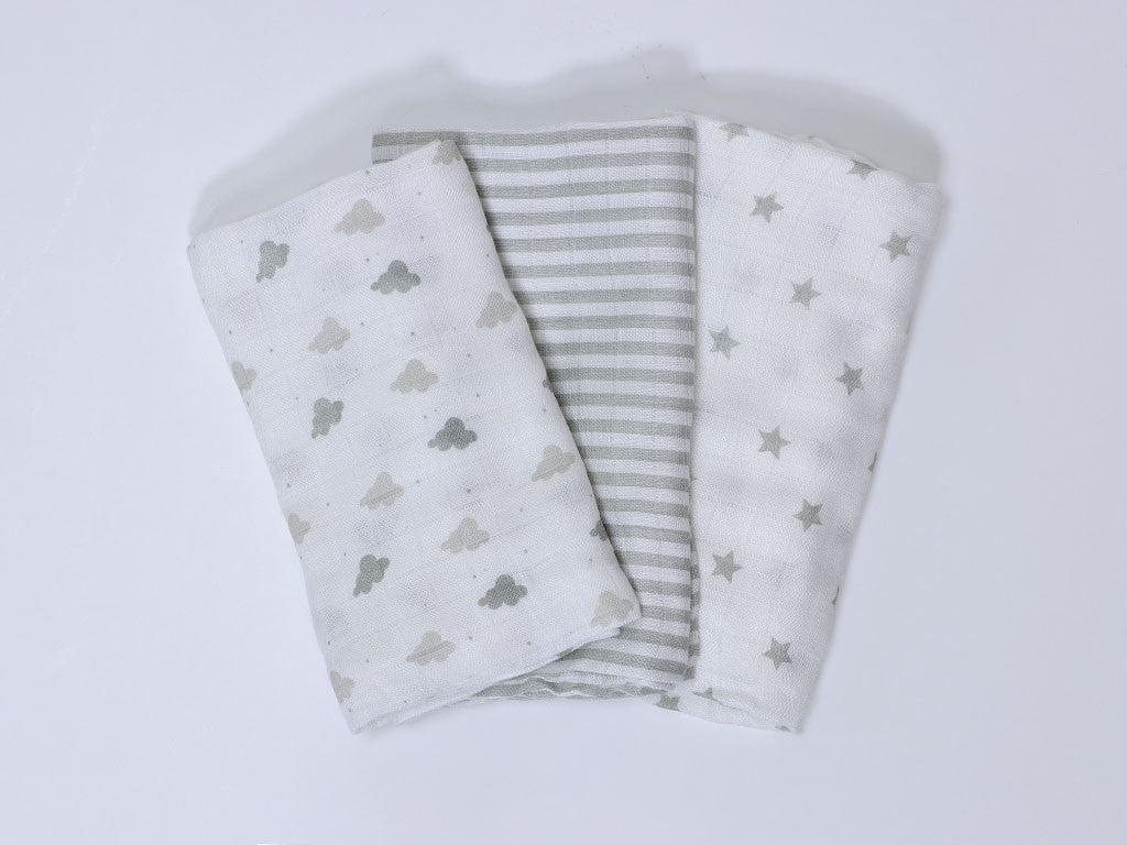 Pack 3 Und Gasas Bambú Nubes/Estrellas/Rayas de Duffi Baby