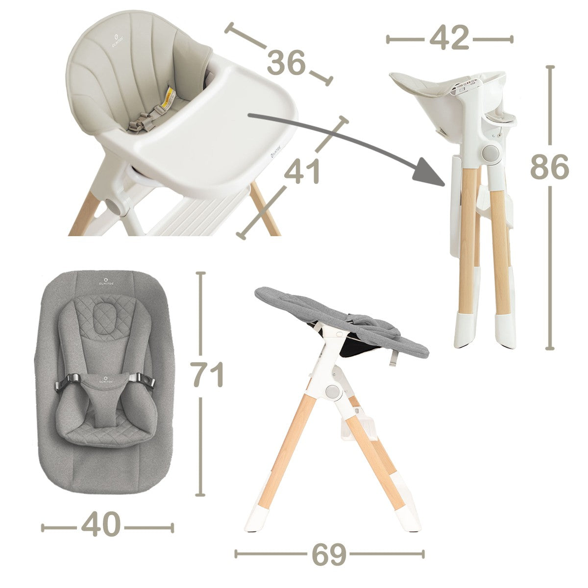 Olmitos – Trona bebe Evolutiva de Madera con Hamaca 2 piezas y reductor – Ajustable y Plegable con Arnés seguridad